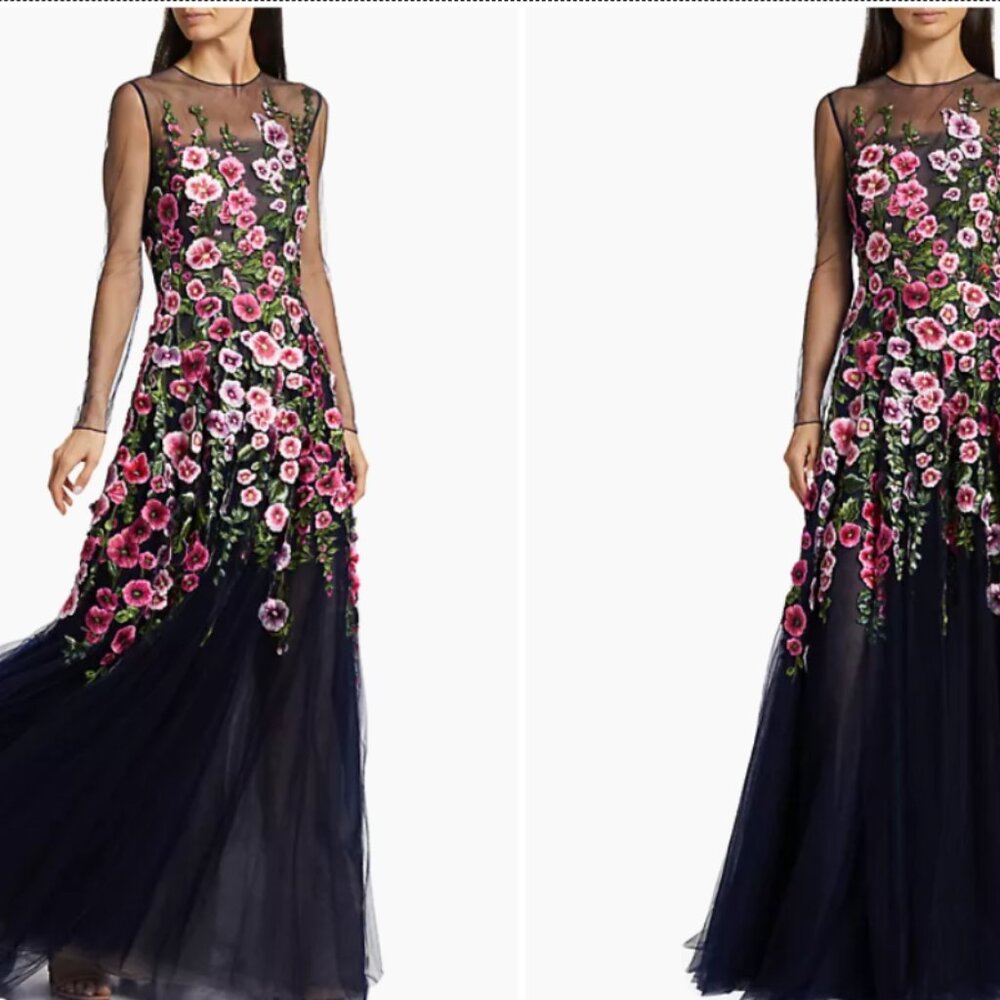 OSCAR De La RENTA  Hollyhocks Threadwork Tulle Long-Sleeve Gown Size 14  $4,990